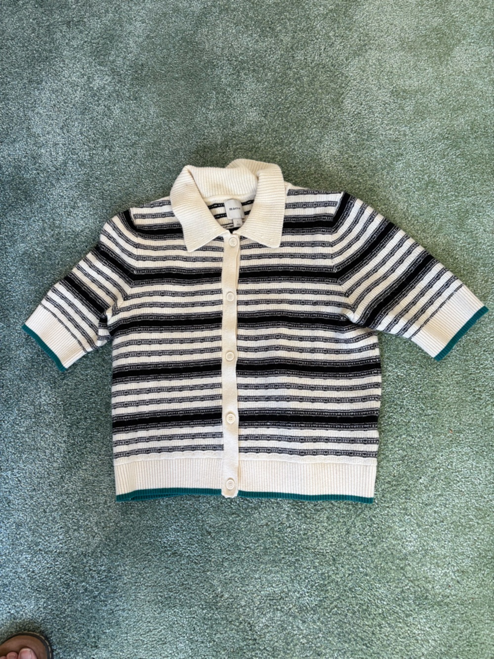 Maeve Cream & Black Striped Short-Sleeve Cardigan with Teal Trim